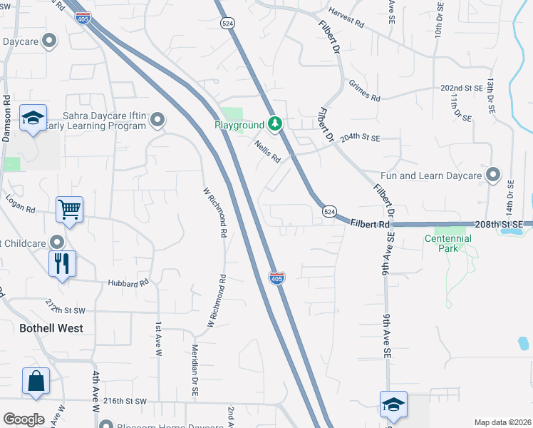 map of restaurants, bars, coffee shops, grocery stores, and more near 310 208th Street Southeast in Bothell