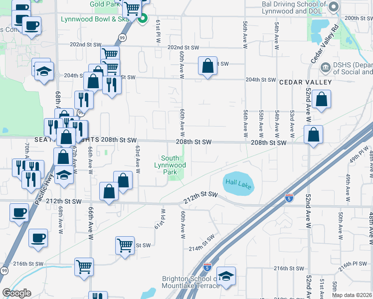 map of restaurants, bars, coffee shops, grocery stores, and more near 20823 59th Place West in Lynnwood