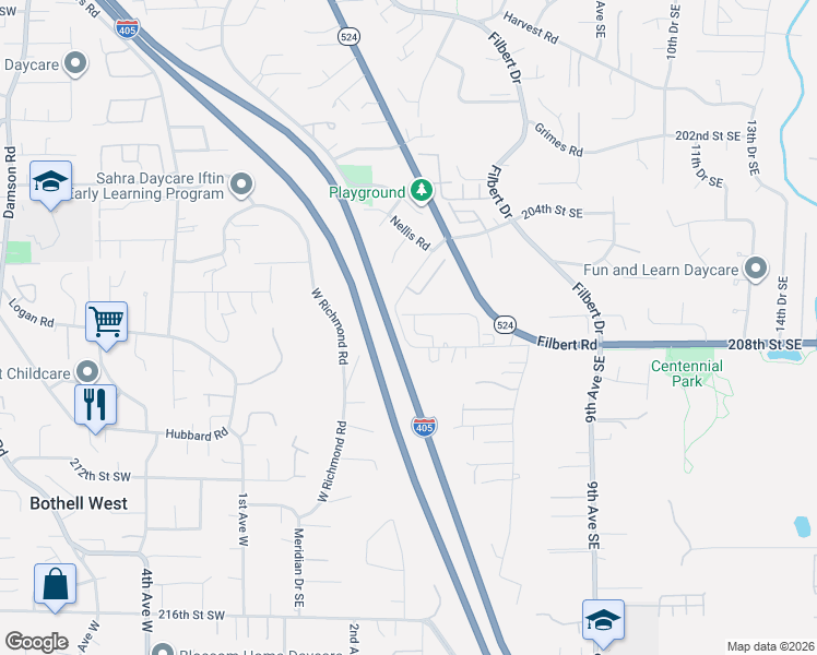map of restaurants, bars, coffee shops, grocery stores, and more near 310 208th Street Southeast in Bothell