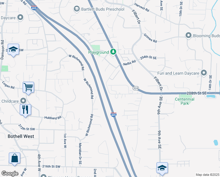map of restaurants, bars, coffee shops, grocery stores, and more near 310 208th Street Southeast in Bothell