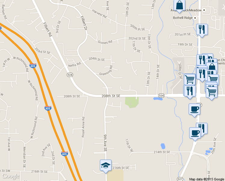 map of restaurants, bars, coffee shops, grocery stores, and more near 920 207th Place Southeast in Bothell