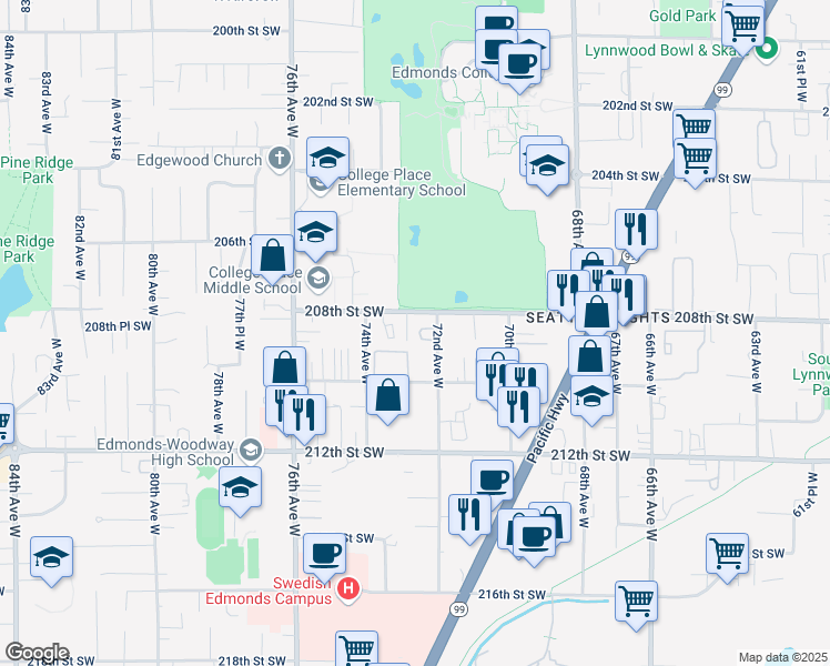 map of restaurants, bars, coffee shops, grocery stores, and more near 20802 72nd Avenue West in Edmonds