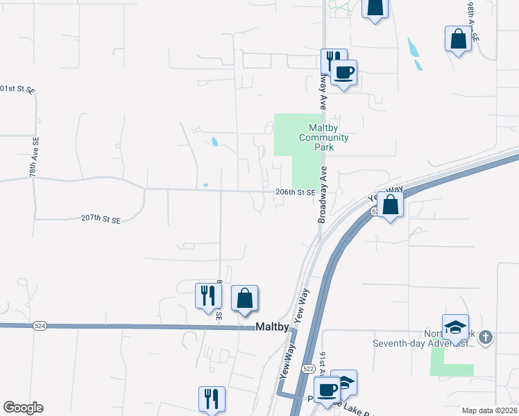 map of restaurants, bars, coffee shops, grocery stores, and more near 8730 206th Street Southeast in Snohomish