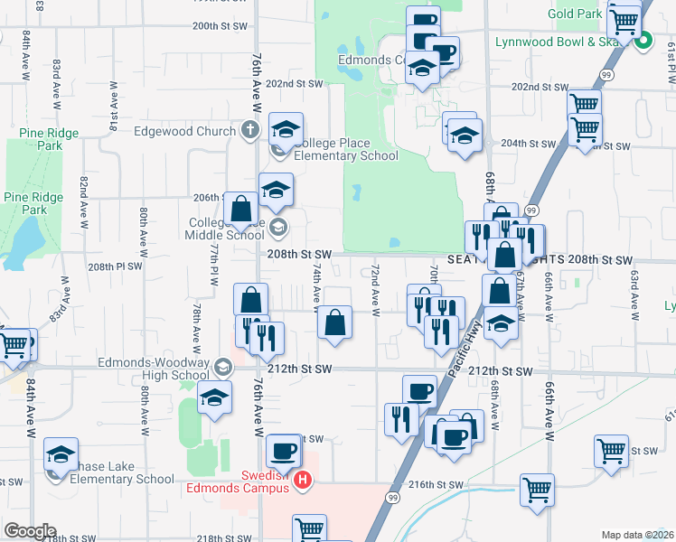 map of restaurants, bars, coffee shops, grocery stores, and more near 7315 210th Street Southwest in Edmonds