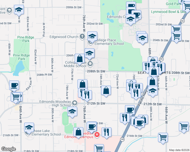 map of restaurants, bars, coffee shops, grocery stores, and more near 7506B 210th Street Southwest in Edmonds