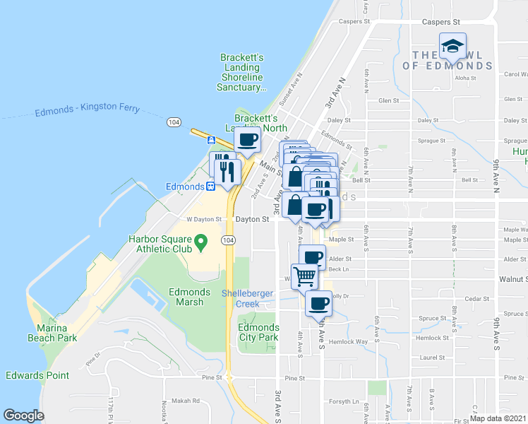 map of restaurants, bars, coffee shops, grocery stores, and more near 242 Dayton Street in Edmonds