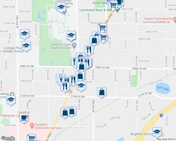 map of restaurants, bars, coffee shops, grocery stores, and more near 20815 67th Avenue West in Lynnwood
