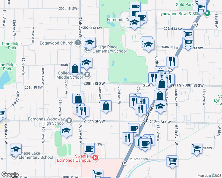 map of restaurants, bars, coffee shops, grocery stores, and more near 7224 208th Street Southwest in Edmonds