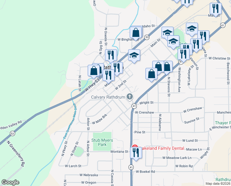 map of restaurants, bars, coffee shops, grocery stores, and more near 15095 Anthony Street in Rathdrum