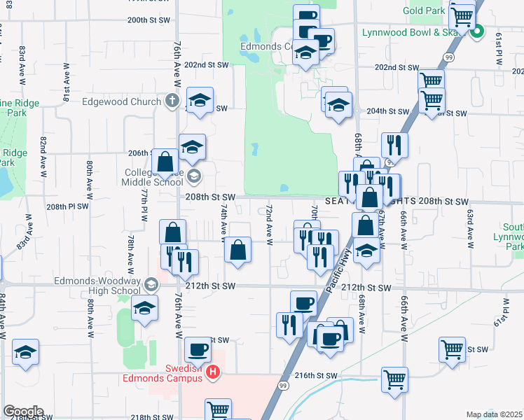 map of restaurants, bars, coffee shops, grocery stores, and more near 20802 72nd Avenue West in Edmonds