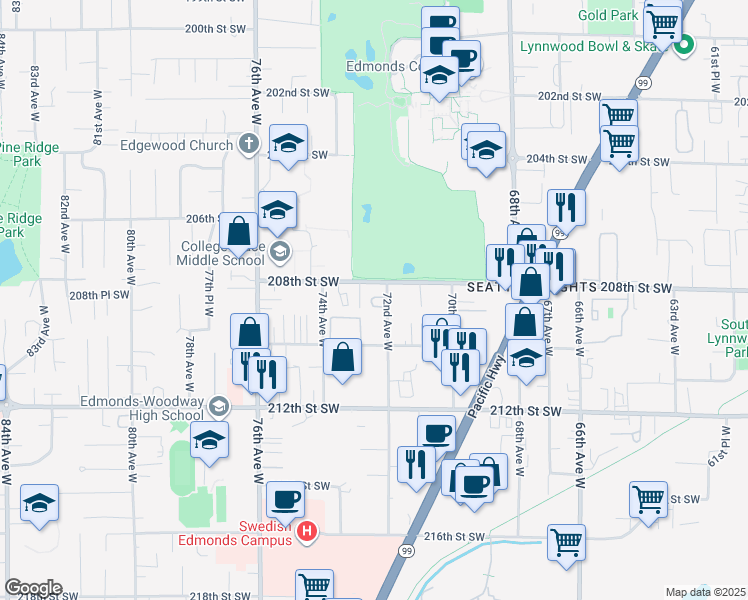 map of restaurants, bars, coffee shops, grocery stores, and more near 20904 72nd Avenue West in Edmonds