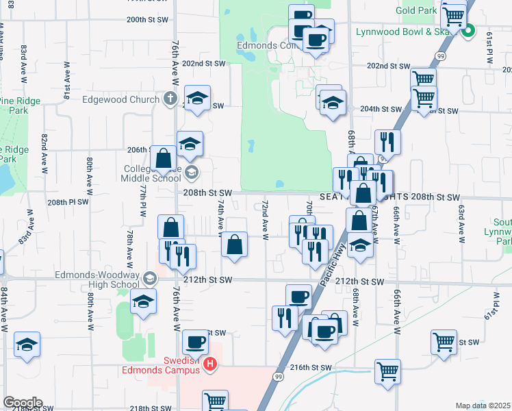 map of restaurants, bars, coffee shops, grocery stores, and more near 20800 72nd Avenue West in Edmonds