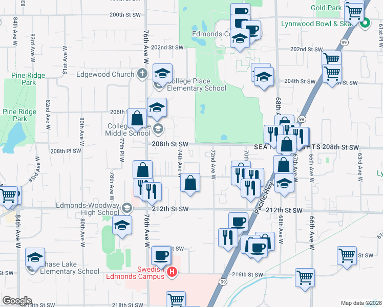 map of restaurants, bars, coffee shops, grocery stores, and more near 7306 208th Street Southwest in Edmonds
