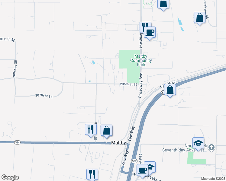 map of restaurants, bars, coffee shops, grocery stores, and more near 8730 206th Street Southeast in Snohomish