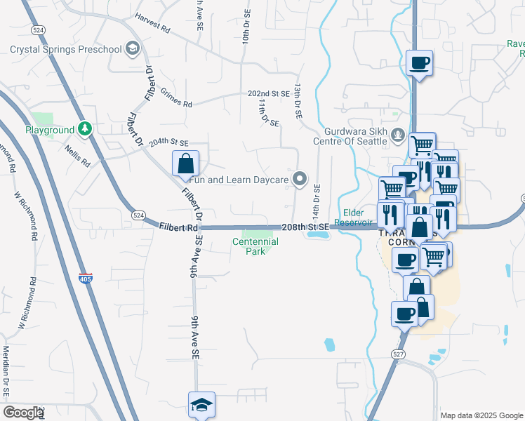 map of restaurants, bars, coffee shops, grocery stores, and more near 1126 207th Place Southeast in Bothell