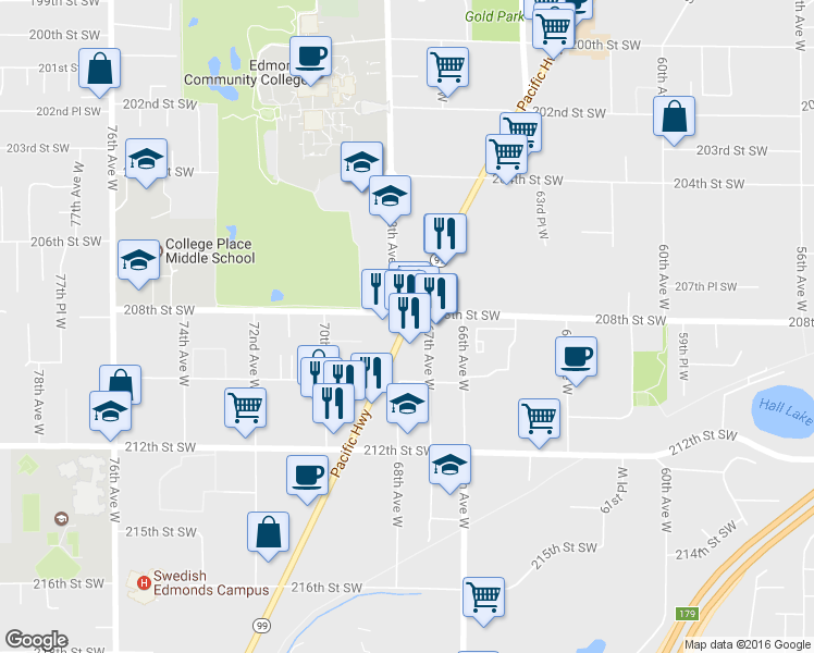 map of restaurants, bars, coffee shops, grocery stores, and more near 20829 Washington 99 in Lynnwood
