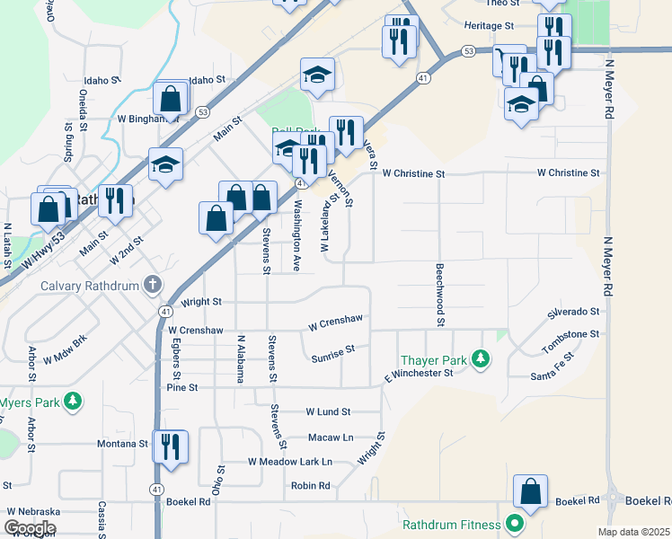 map of restaurants, bars, coffee shops, grocery stores, and more near 7412 Wright Street in Rathdrum