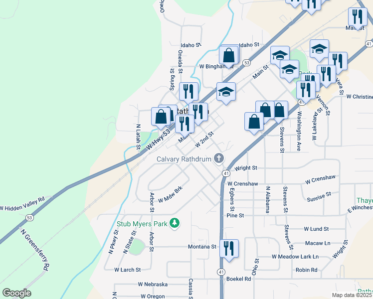 map of restaurants, bars, coffee shops, grocery stores, and more near 15095 Anthony Street in Rathdrum