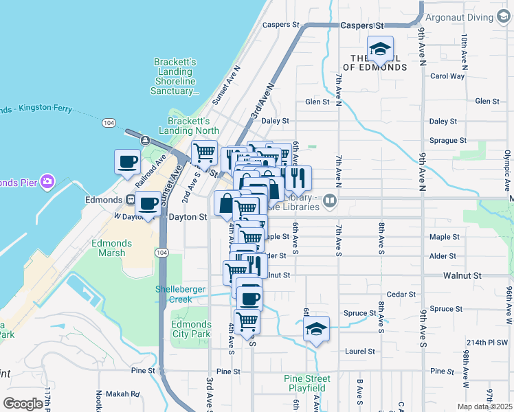 map of restaurants, bars, coffee shops, grocery stores, and more near 201 5th Avenue South in Edmonds