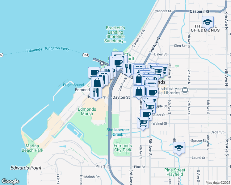 map of restaurants, bars, coffee shops, grocery stores, and more near in Edmonds
