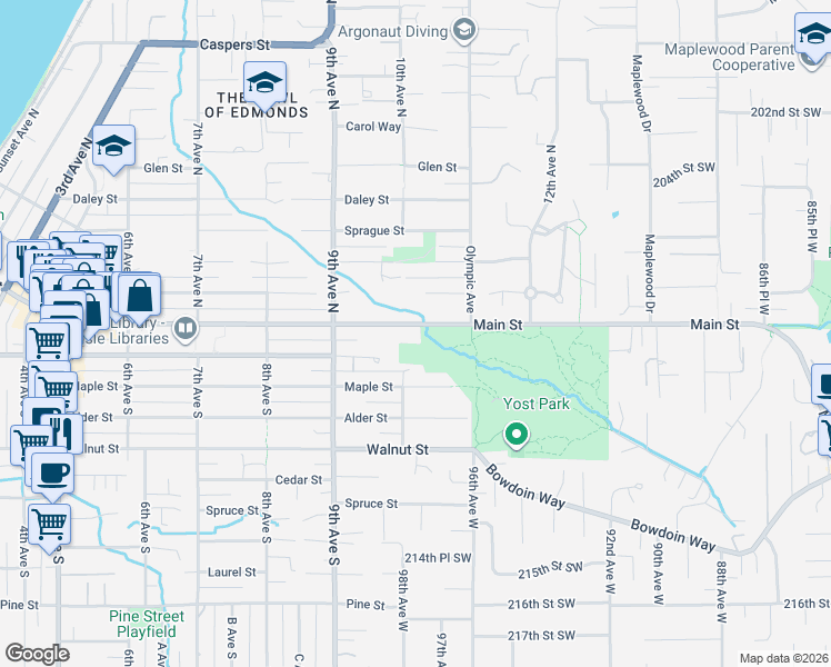 map of restaurants, bars, coffee shops, grocery stores, and more near 1010 Main Street in Edmonds