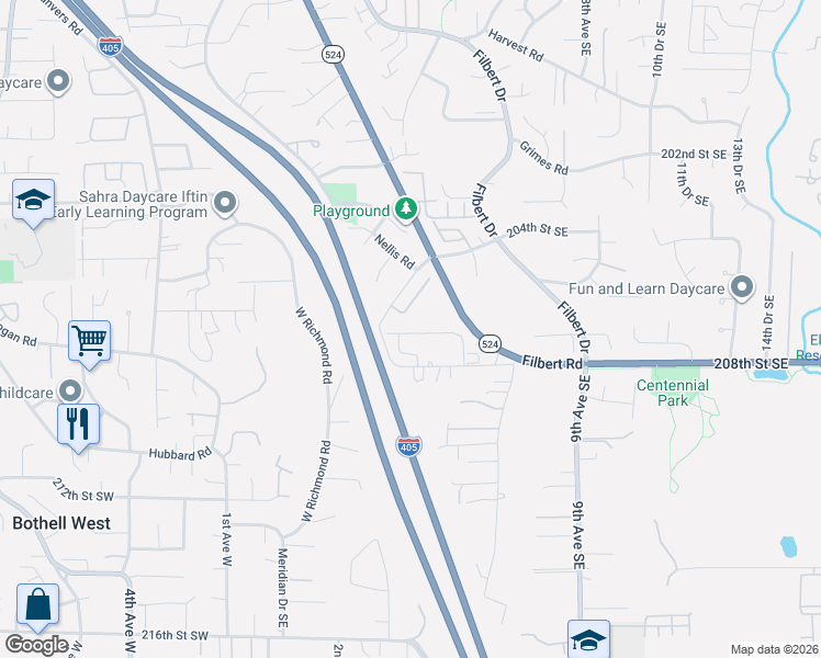 map of restaurants, bars, coffee shops, grocery stores, and more near 20609 3rd Avenue Southeast in Bothell