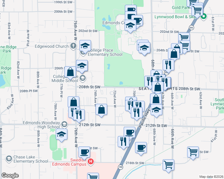 map of restaurants, bars, coffee shops, grocery stores, and more near 7224 208th Street Southwest in Edmonds