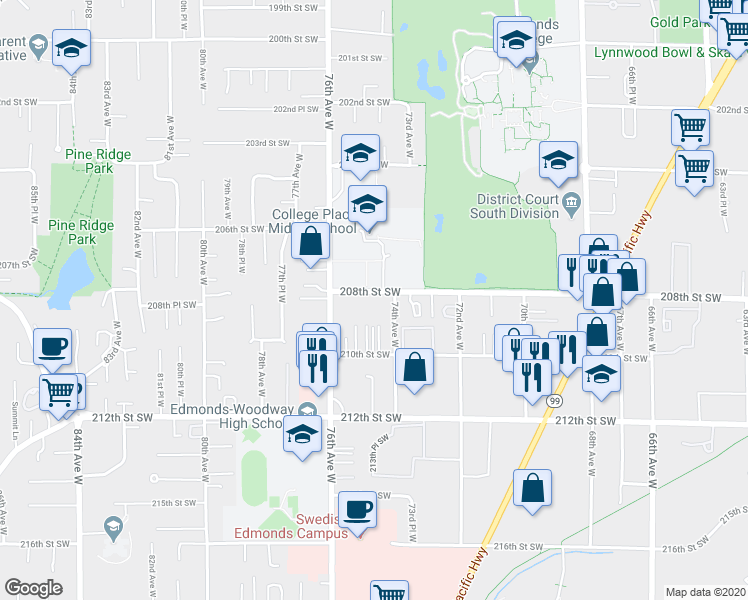 map of restaurants, bars, coffee shops, grocery stores, and more near 7501 208th Street Southwest in Lynnwood