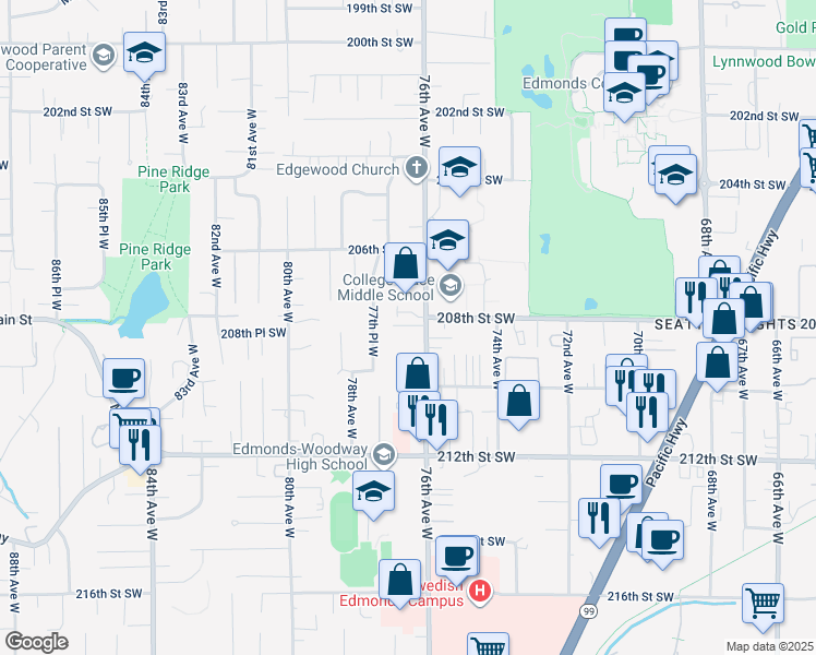 map of restaurants, bars, coffee shops, grocery stores, and more near 20714 76th Avenue West in Edmonds