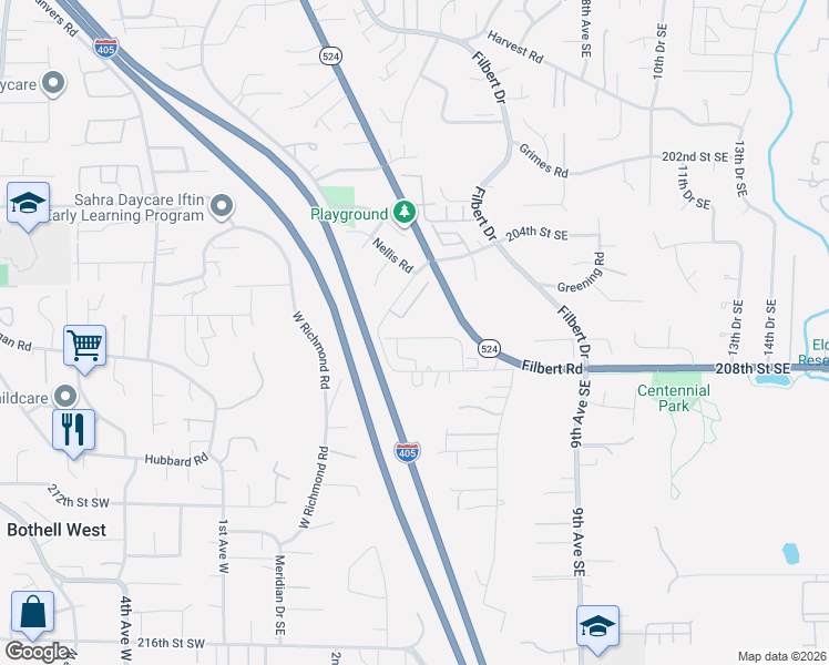map of restaurants, bars, coffee shops, grocery stores, and more near 20609 3rd Avenue Southeast in Bothell