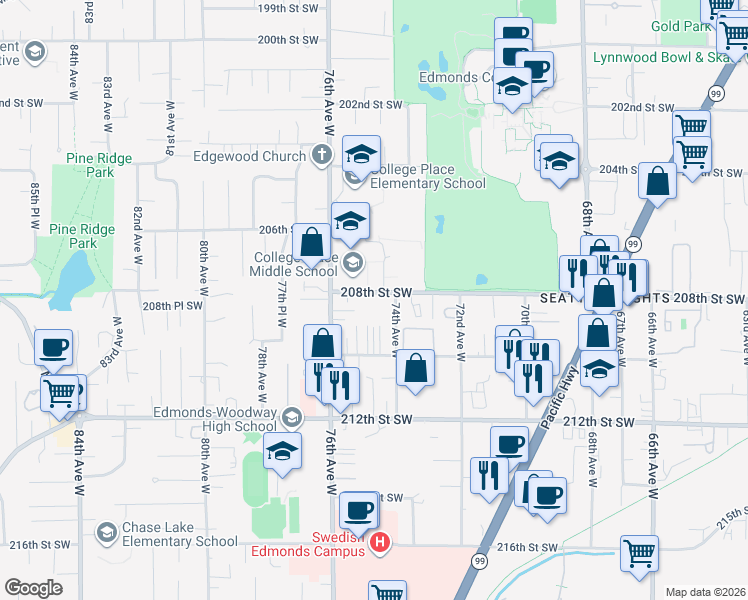 map of restaurants, bars, coffee shops, grocery stores, and more near 7501 208th Street Southwest in Lynnwood