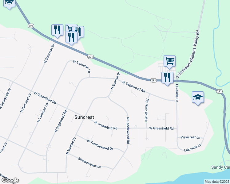 map of restaurants, bars, coffee shops, grocery stores, and more near 17020 North Sunrise Drive in Nine Mile Falls