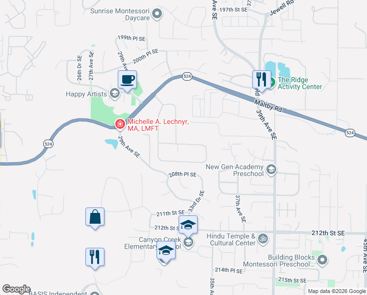 map of restaurants, bars, coffee shops, grocery stores, and more near 3308 206th Place Southeast in Bothell