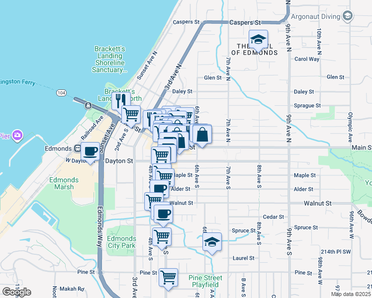 map of restaurants, bars, coffee shops, grocery stores, and more near 518 Bell Street in Edmonds