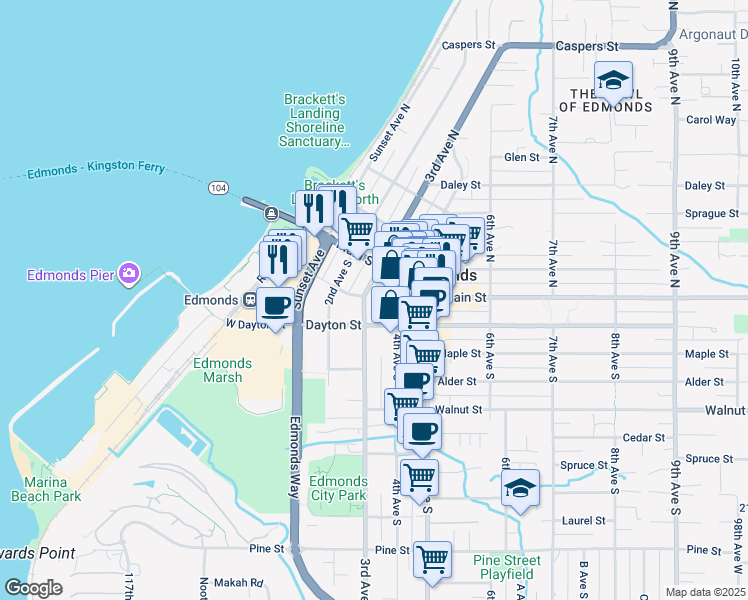 map of restaurants, bars, coffee shops, grocery stores, and more near 123 3rd Avenue South in Edmonds