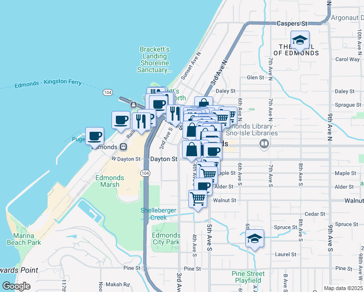 map of restaurants, bars, coffee shops, grocery stores, and more near 123 3rd Avenue South in Edmonds