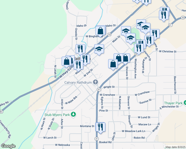 map of restaurants, bars, coffee shops, grocery stores, and more near 15190 McCartney Street in Rathdrum