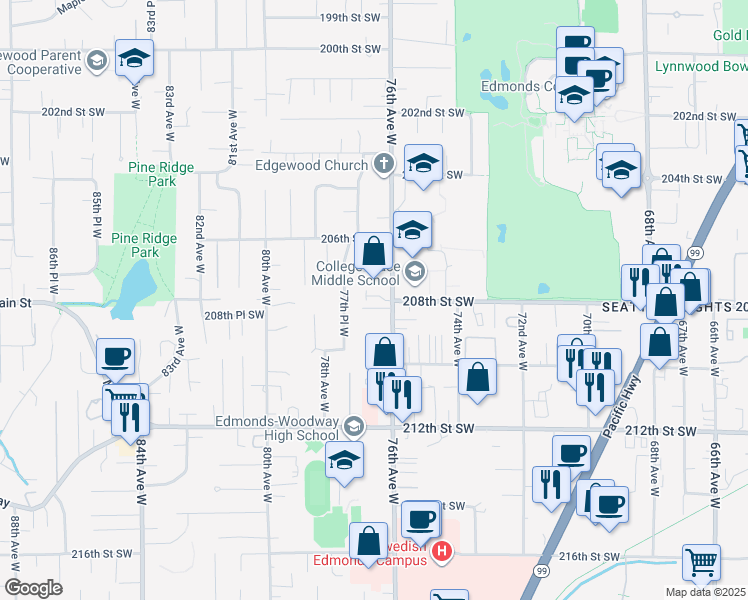 map of restaurants, bars, coffee shops, grocery stores, and more near 20714 76th Avenue West in Edmonds