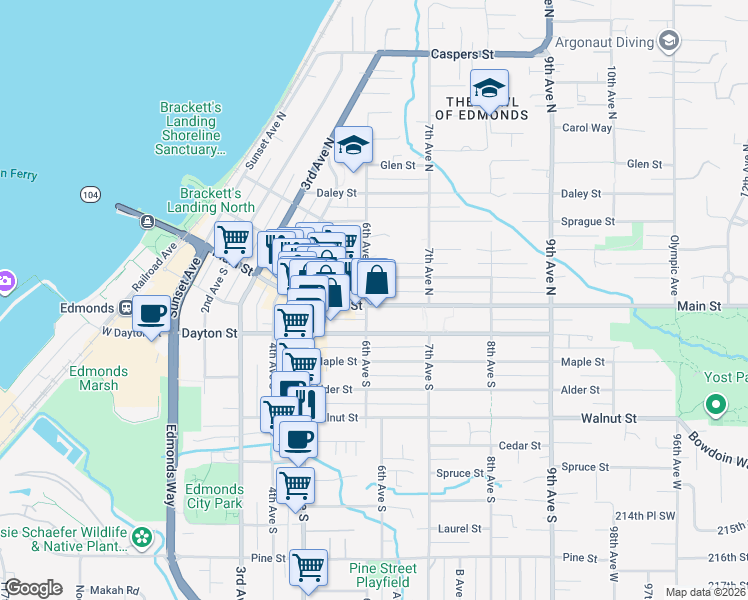 map of restaurants, bars, coffee shops, grocery stores, and more near 600 Main Street in Edmonds