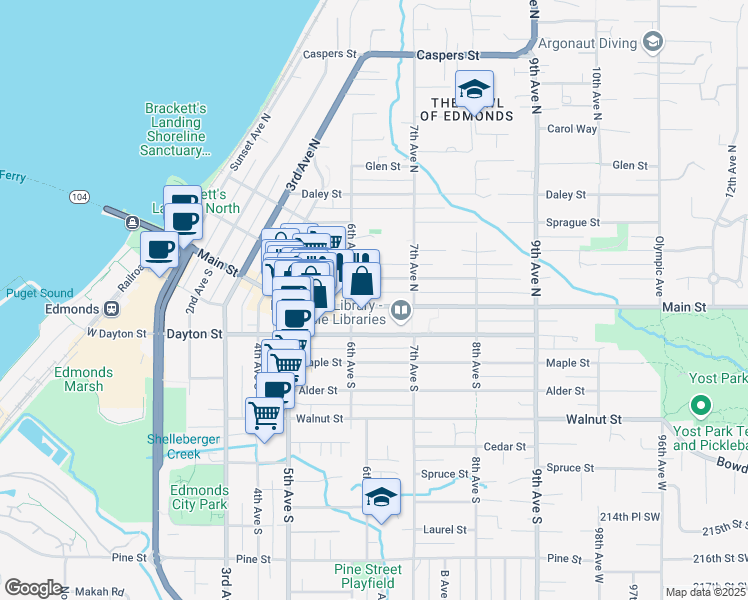 map of restaurants, bars, coffee shops, grocery stores, and more near 600 Main Street in Edmonds
