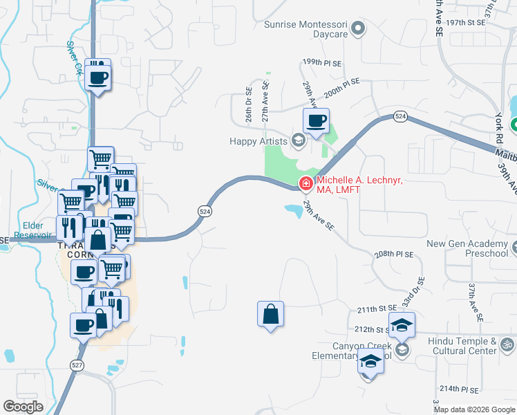map of restaurants, bars, coffee shops, grocery stores, and more near 2620 Maltby Road in Bothell