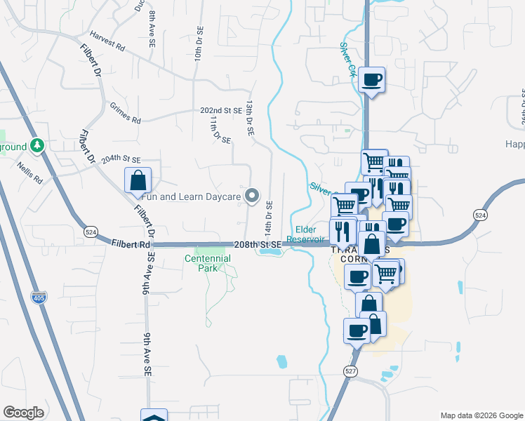 map of restaurants, bars, coffee shops, grocery stores, and more near 20608 14th Drive Southeast in Bothell
