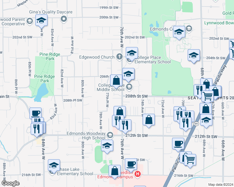 map of restaurants, bars, coffee shops, grocery stores, and more near 20714 76th Avenue West in Edmonds
