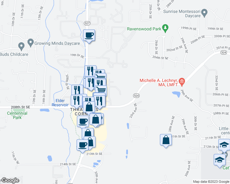 map of restaurants, bars, coffee shops, grocery stores, and more near 2129 Maltby Road in Bothell