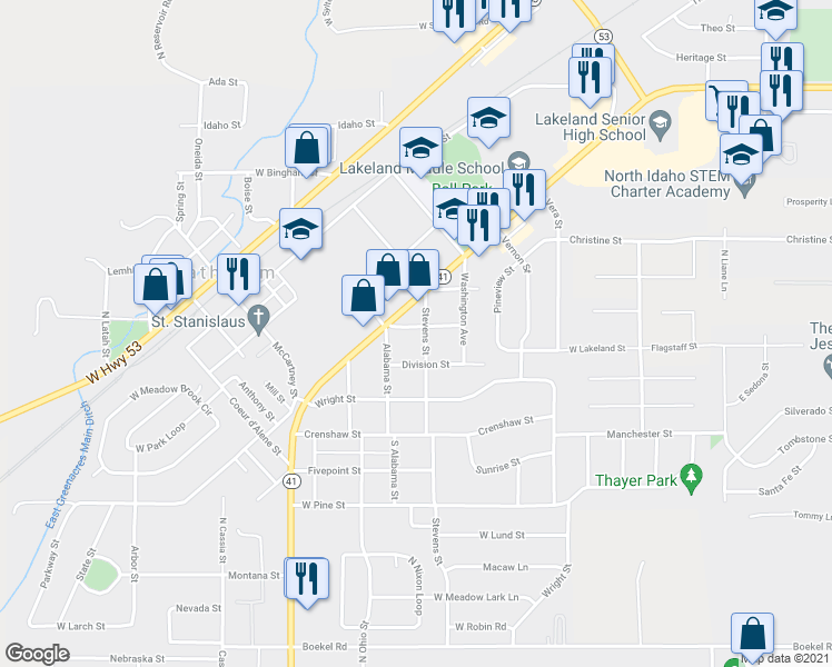 map of restaurants, bars, coffee shops, grocery stores, and more near 7622 Lewis Street in Rathdrum
