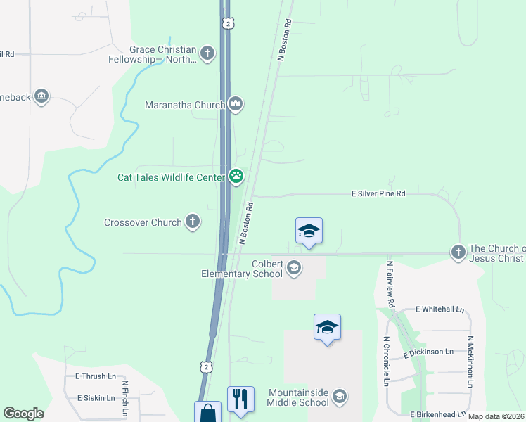 map of restaurants, bars, coffee shops, grocery stores, and more near 4410 East Silver Pine Road in Colbert