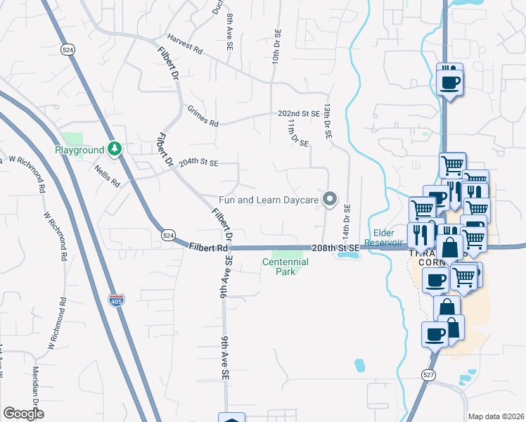 map of restaurants, bars, coffee shops, grocery stores, and more near 1020 205th Place Southeast in Bothell