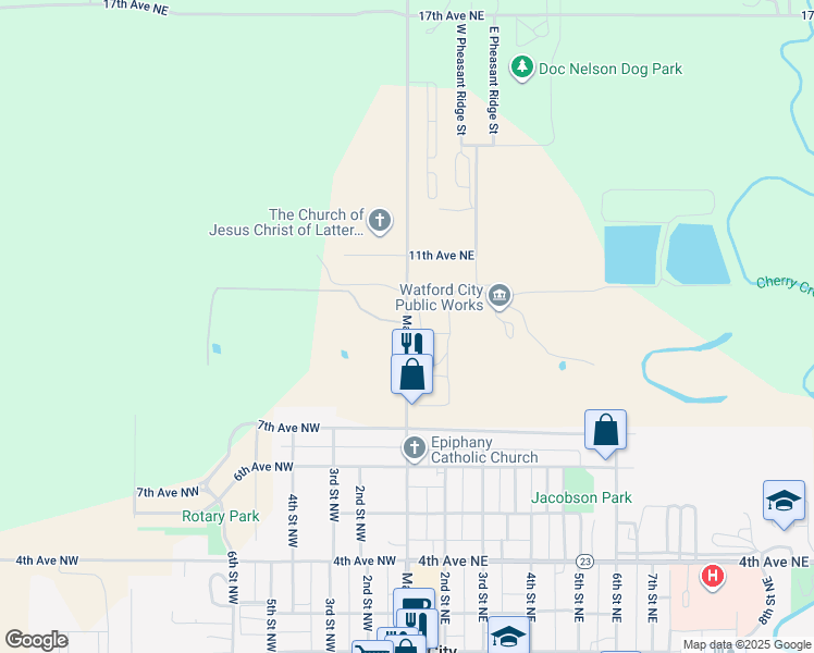 map of restaurants, bars, coffee shops, grocery stores, and more near 910 Main Street North in Watford City