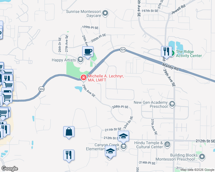 map of restaurants, bars, coffee shops, grocery stores, and more near 20606 32nd Drive Southeast in Bothell