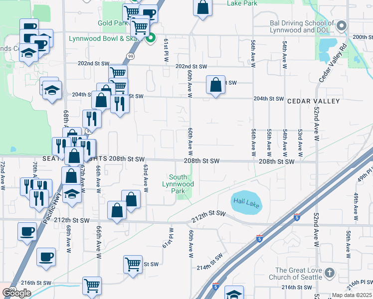 map of restaurants, bars, coffee shops, grocery stores, and more near 20718 60th Avenue West in Lynnwood